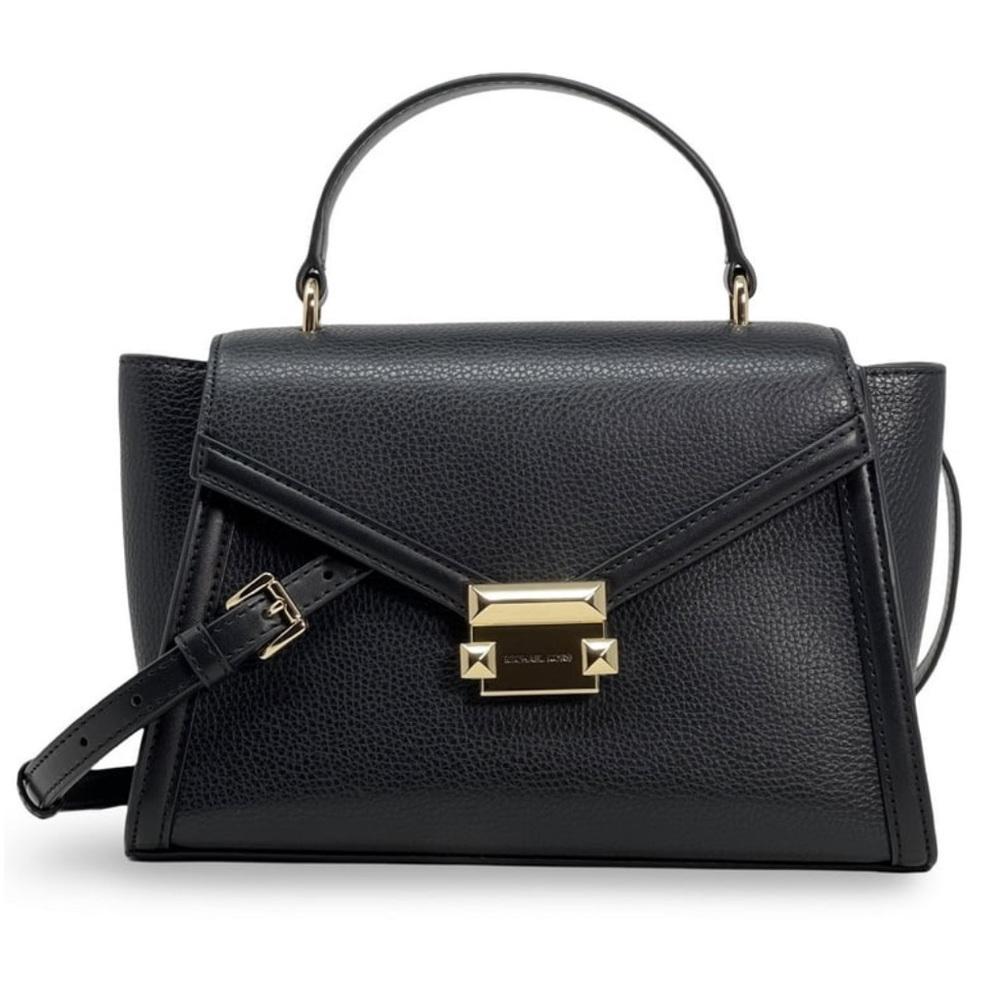 Michael Kors Whitney Medium Leather Flap Satchel Shoulder Crossbody Bag Black
